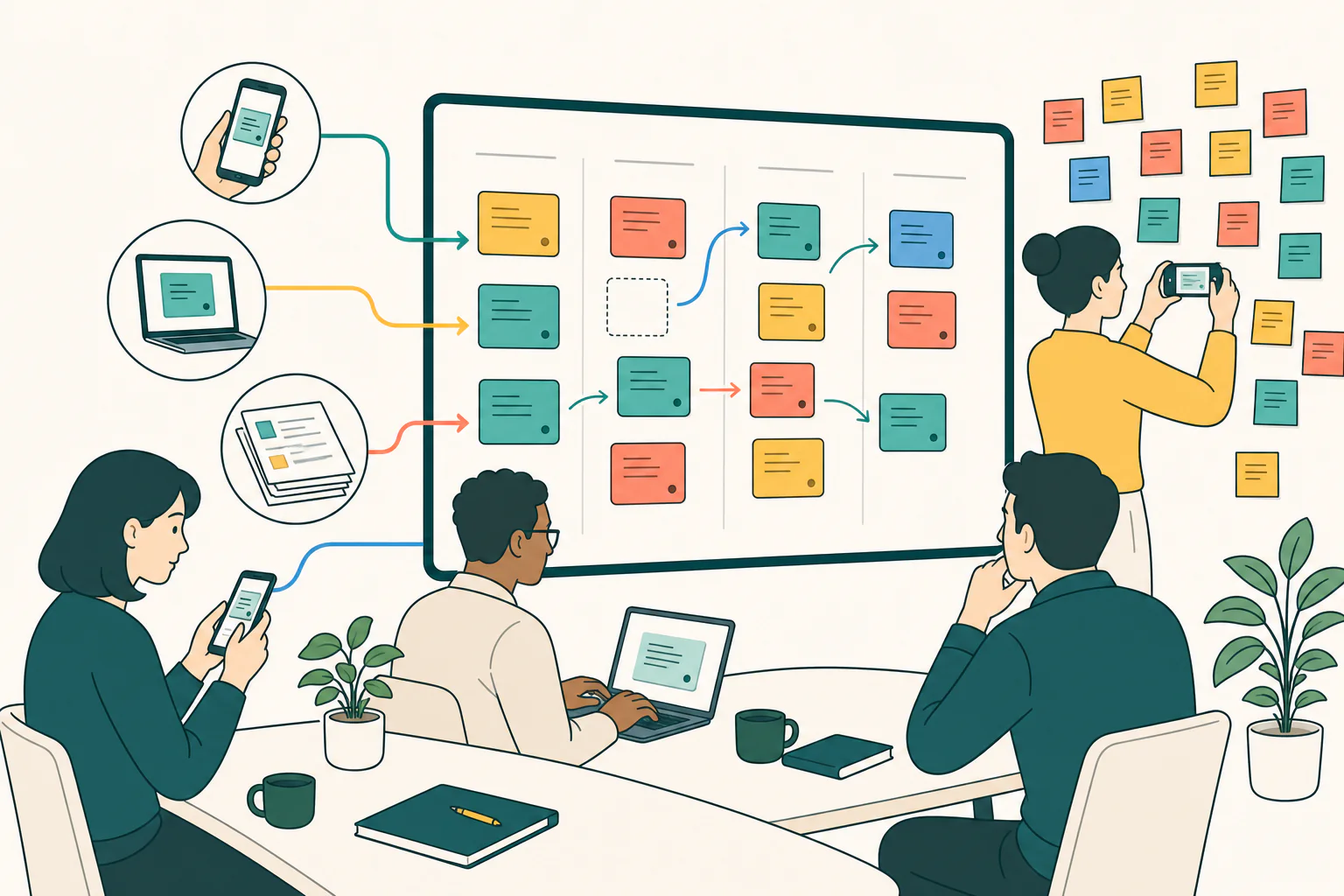 A workshop where participants contribute on phones and laptops, photograph physical sticky notes and collect everything as digital notes on a shared board.